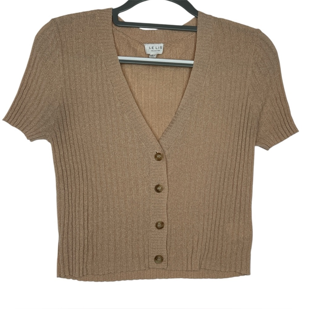 Le Lis Collection Short Sleeve Ribbed Button Front Cardigan Top Tan Women’s L